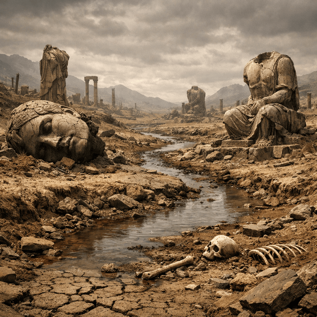 Dry riverbed surrounded by large broken ancient statues and human bones in a barren rocky landscape