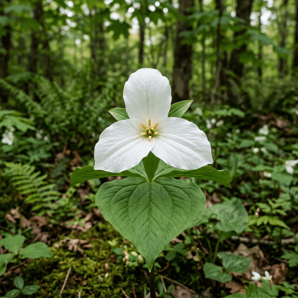 White trillium flower with three petals and green leaves in forest