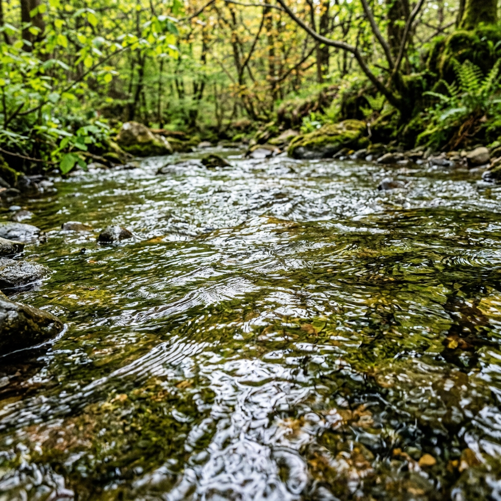 Clear shallow forest stream with visible rocks and green foliage