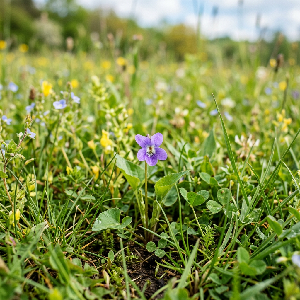 Purple wildflower surrounded by green grass and small yellow flowers in meadow