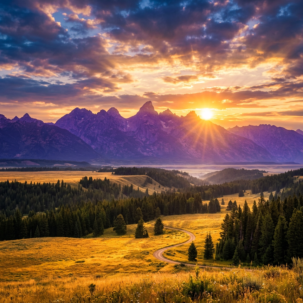 Sun rising behind jagged mountain peaks overlooking a forested valley with a winding dirt road