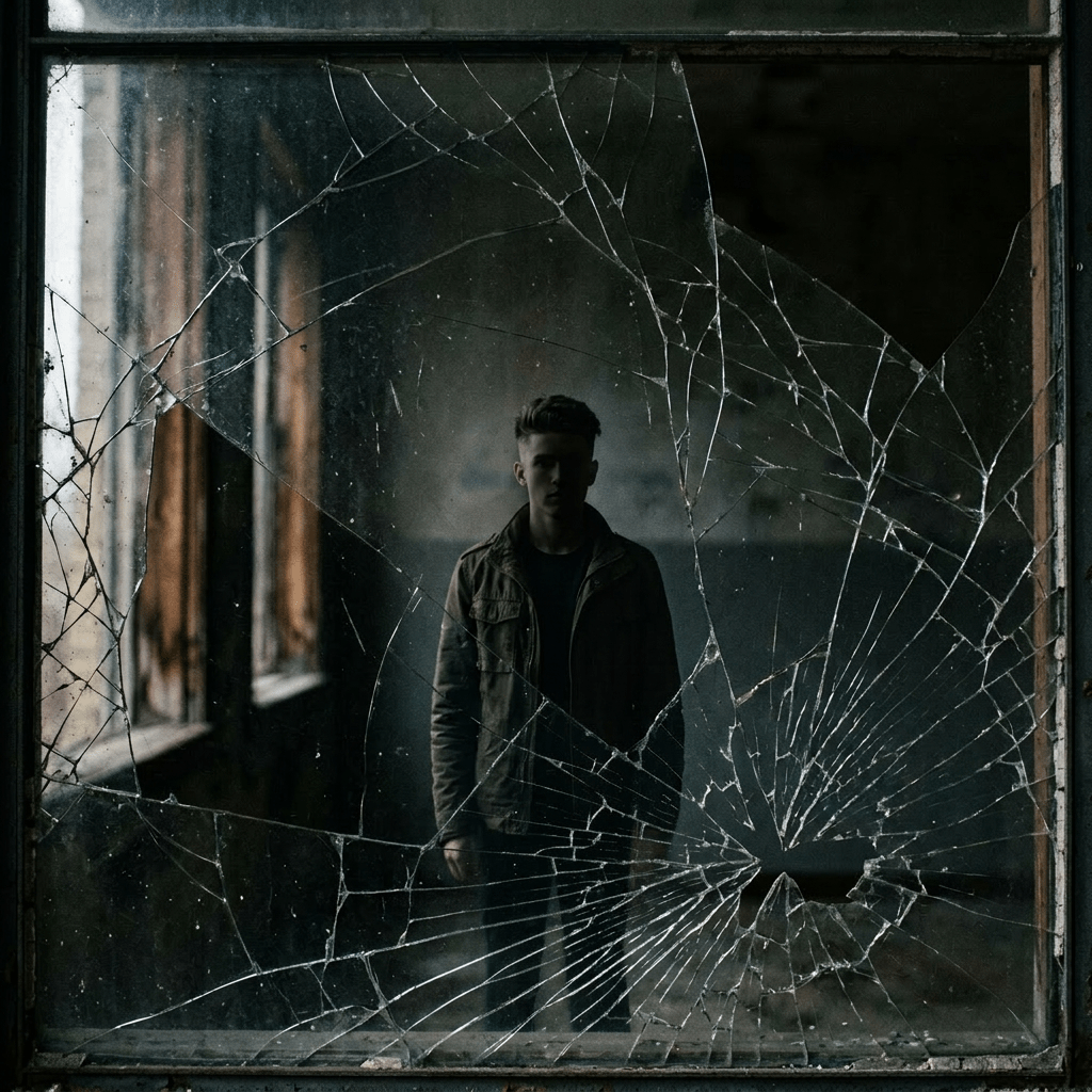 Silhouette of a person behind cracked and shattered window glass.